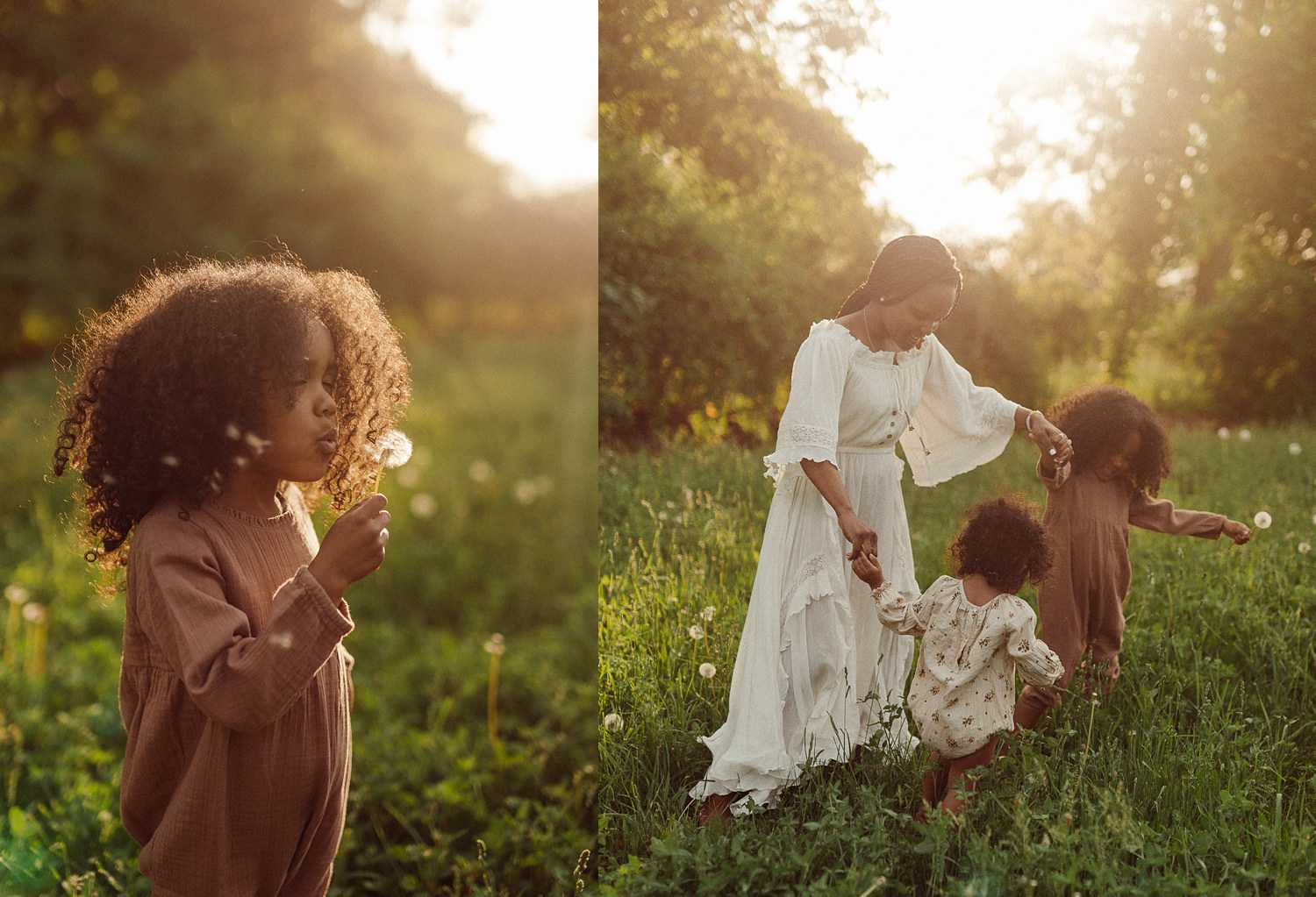 springtime motherhood portrait with mom and kids dancing and blowing dandelions